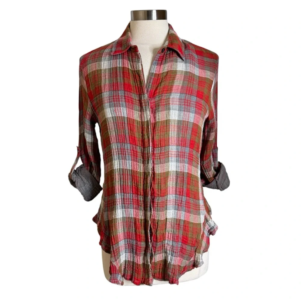 Finley Kings Road Plaid Button Up Roll Tab‎ Sleeve Shirt Womens Size Medium